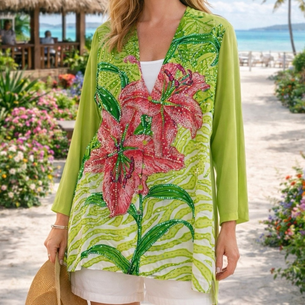 Silk Diane Gilman Blouse 100% Silk Lime Green Floral Sequins Pink 1X